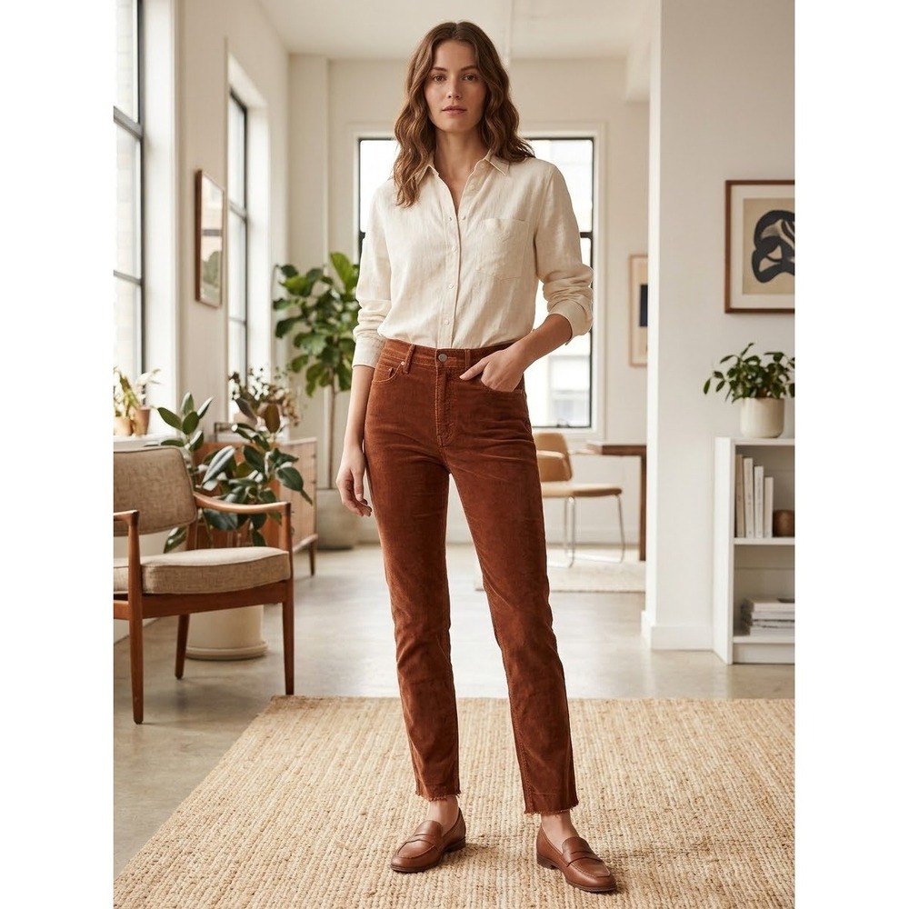 MOTHER Mid Rise Dazzler Ankle Fray Corduroy Pants Hopscotch Brown 26